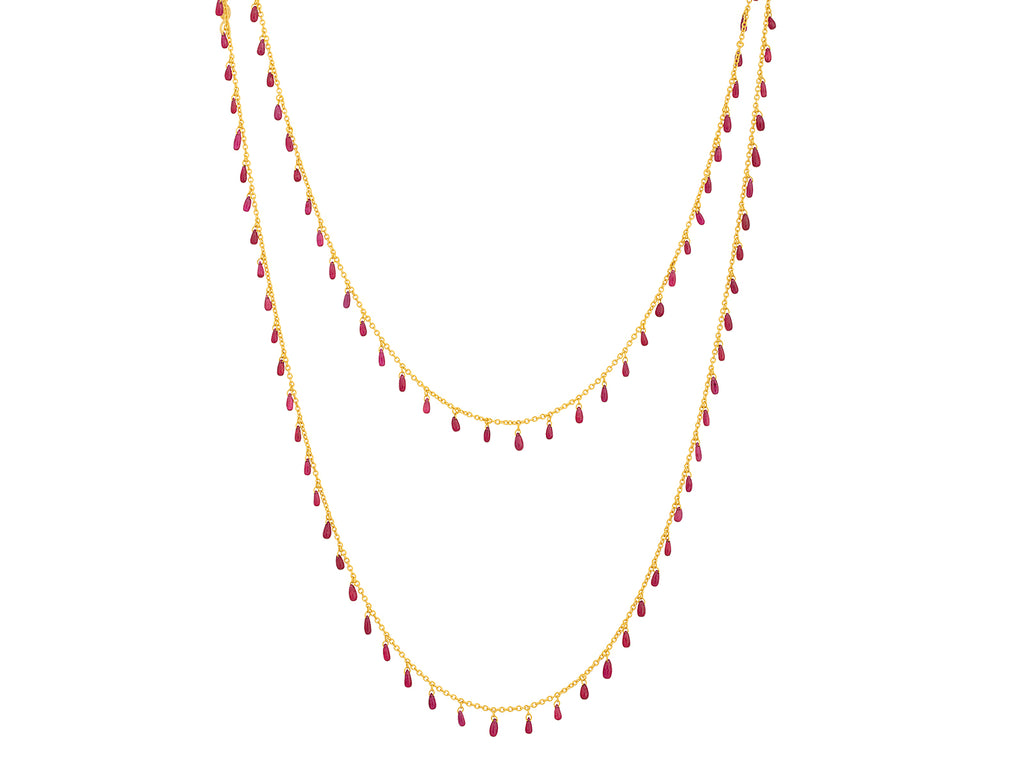 GURHAN, GURHAN Dew Gold Ruby Link Long Necklace, Briolettes on Delicate Chain