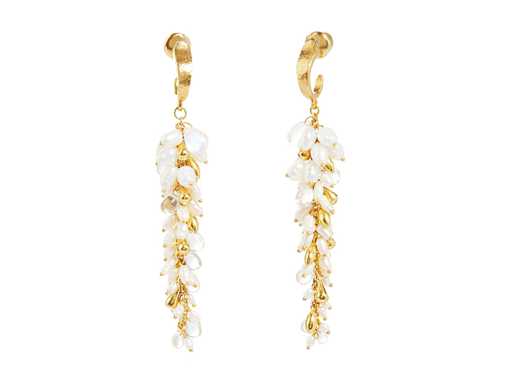 GURHAN, GURHAN Dew Pearl Gold Tassel Drop Earrings, Long Graduated, Mixed White Stones