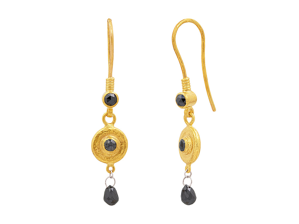 GURHAN, GURHAN Droplet Gold Black Diamond Double Drop Earrings, 8mm Round Drop on Wire Hook