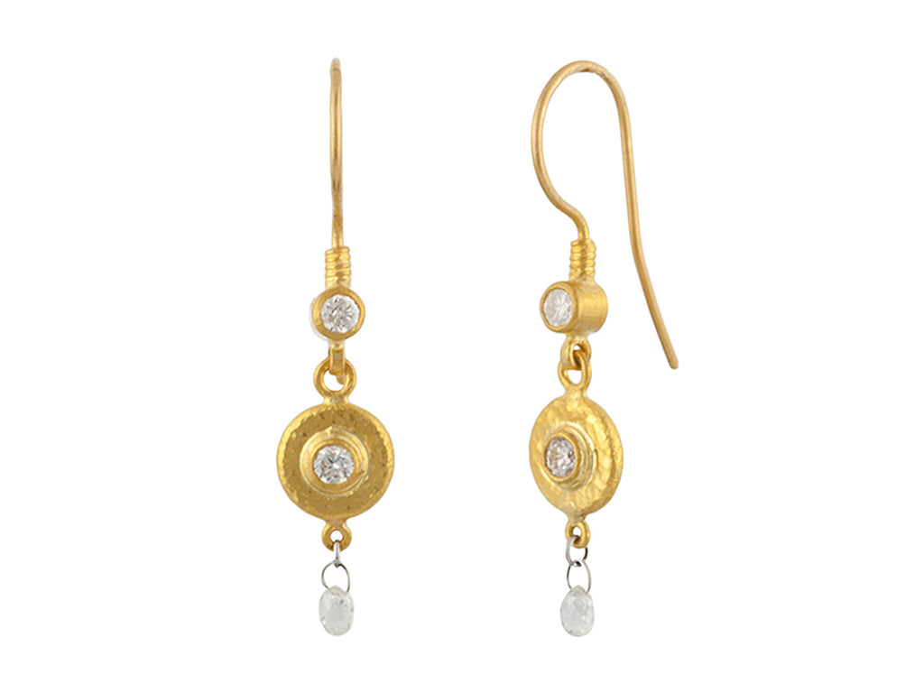 GURHAN, GURHAN Droplet Gold Diamond Double Drop Earrings, 8mm Round Drop on Wire Hook