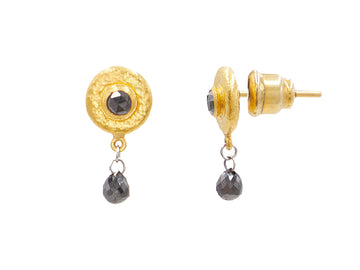 GURHAN, GURHAN Droplet Gold Black Diamond Single Drop Earrings, 8mm Round Stud with Single Briolette