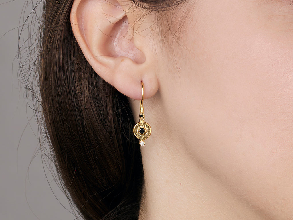 GURHAN, GURHAN Droplet Gold Black and White Diamond Single Drop Earrings, 8mm Round on Wire Hook