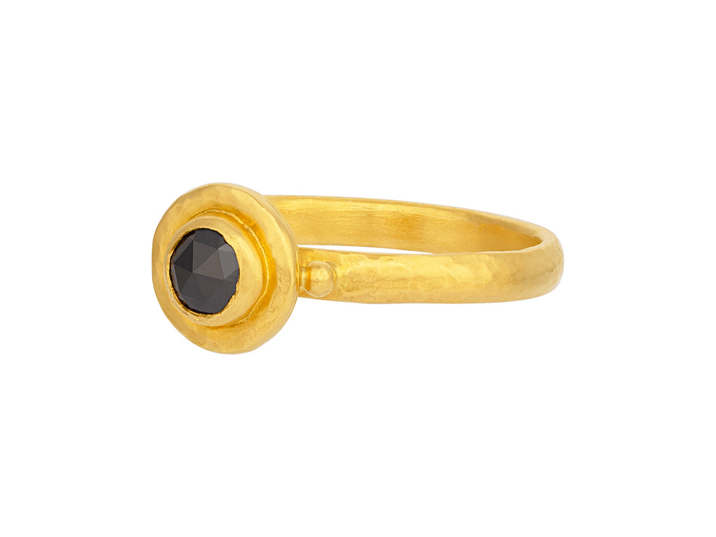 GURHAN, GURHAN Droplet Gold Black Diamond Stacking Ring, Rosecut Stone set in Wide Frame