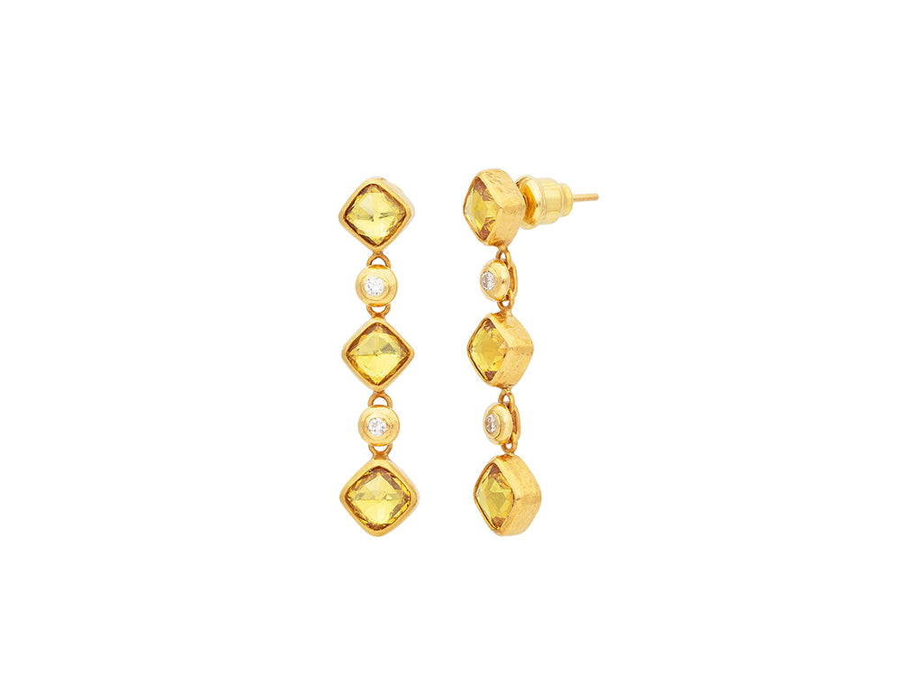 GURHAN, GURHAN Elements Gold Sapphire Long Drop Earrings, 6mm Triple Square Rosecut on Post