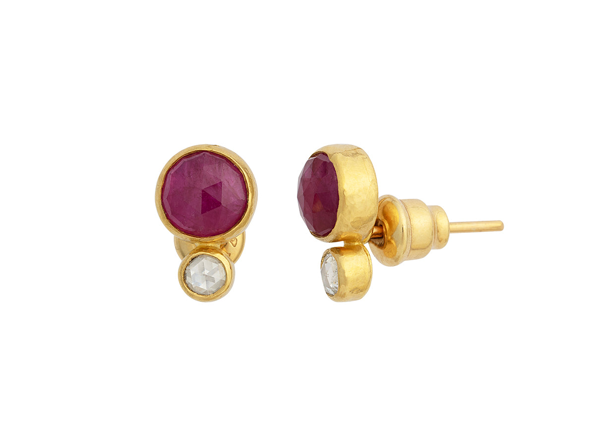 GURHAN, GURHAN Elements Gold Post Stud Earrings, 8mm Round Rosecut, Ruby and Diamond