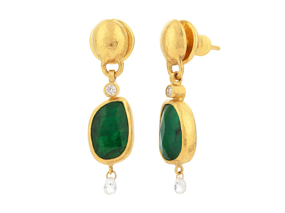 GURHAN, GURHAN Elements Gold Single Drop Earrings, 12x8mm Amorphous Shape, Emerald and Diamond