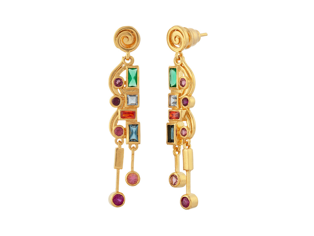 GURHAN, GURHAN Embrace Gold Mixed Stone Long Drop Earrings, Small Spiral on Post