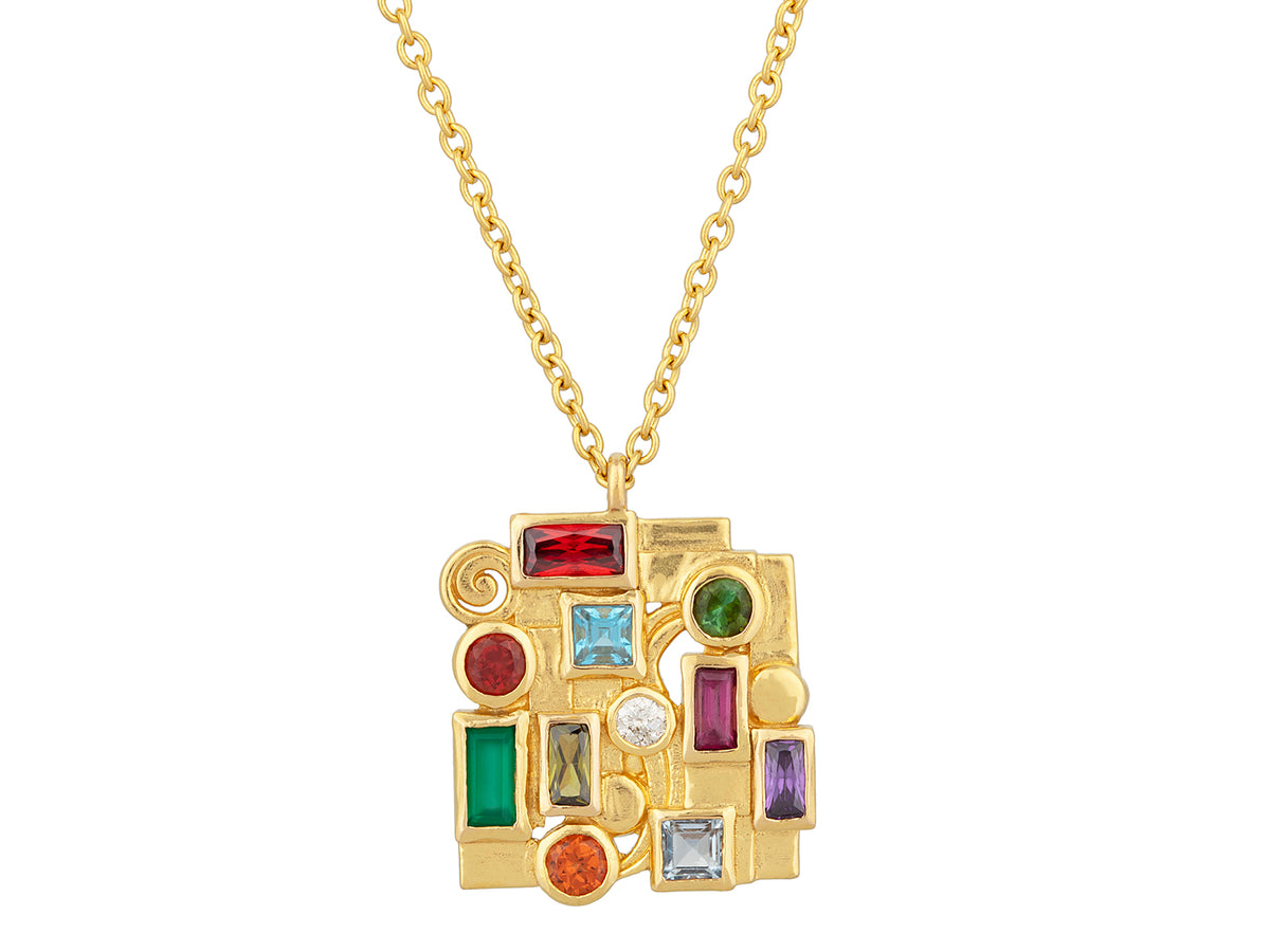 GURHAN, GURHAN Embrace Gold Pendant Necklace, 17mm Square, Mixed Stones