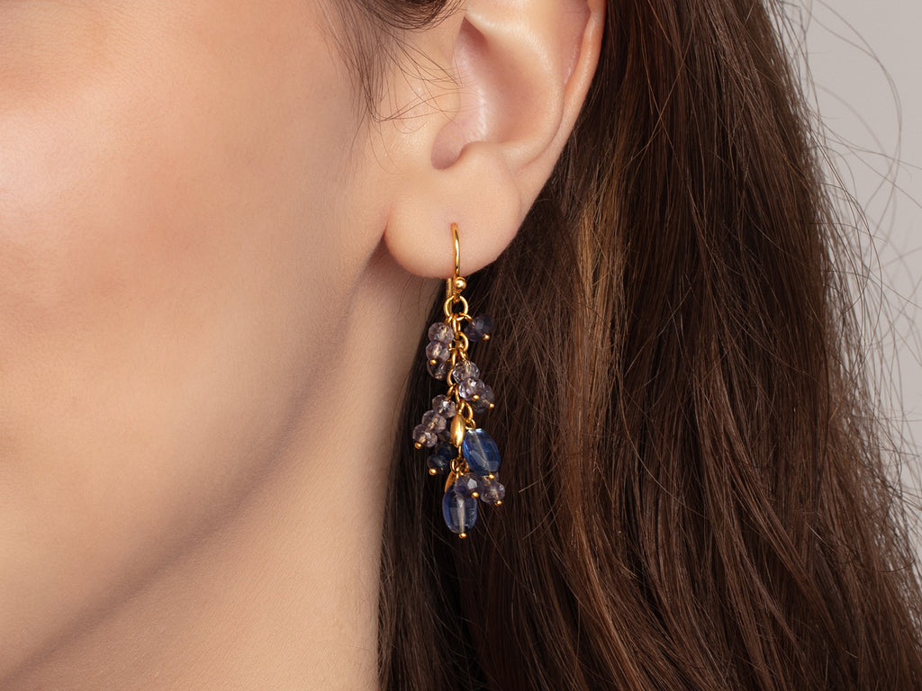 GURHAN, GURHAN Flurries Gold Multi-Stone Cluster Drop Earrings, Mixed Dark Blue Stones on Wire Hook