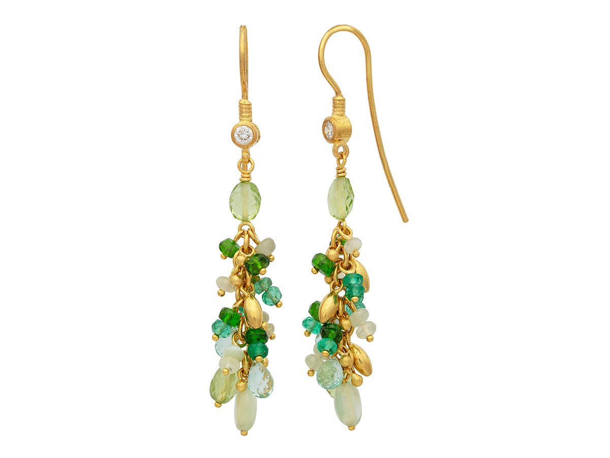 GURHAN, GURHAN Flurries Gold Cluster Drop Earrings, Wire Hook, Mixed Green Stones