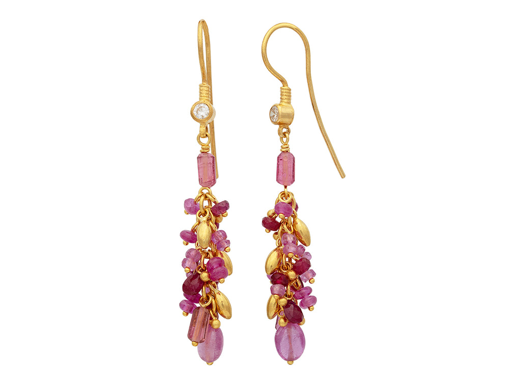 GURHAN, GURHAN Flurries Gold Mixed Stone Tassel Drop Earrings, Pink Stone Clusters on Wire Hook