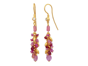 GURHAN, GURHAN Flurries Gold Mixed Stone Tassel Drop Earrings, Pink Stone Clusters on Wire Hook