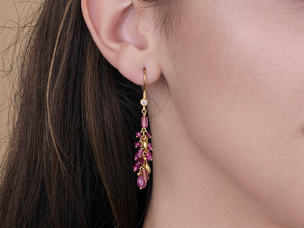 GURHAN, GURHAN Flurries Gold Mixed Stone Tassel Drop Earrings, Pink Stone Clusters on Wire Hook