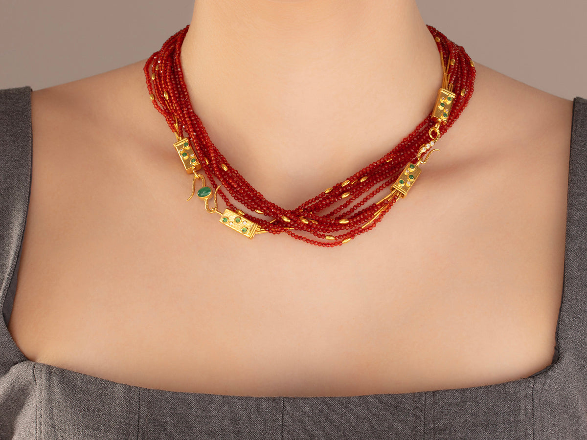 GURHAN, GURHAN Flurries Gold Multi-Strand Long Necklace, 7-Strand with Double "S" Clasp, Carnelian