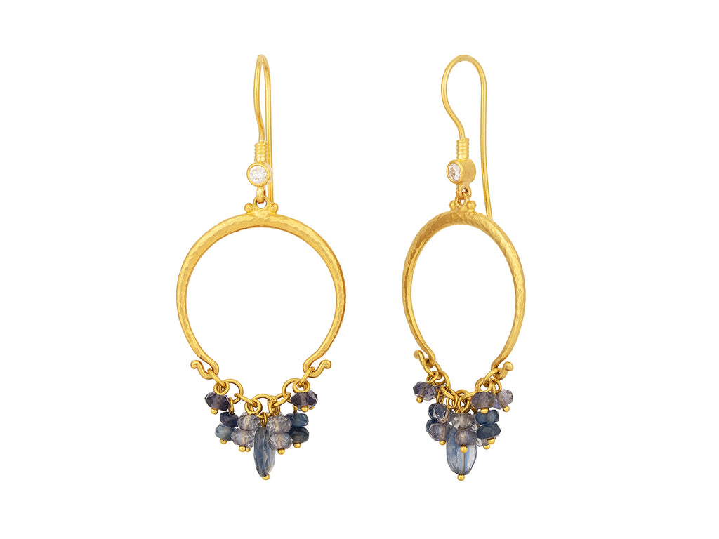 GURHAN, GURHAN Flurries Gold Multi-Stone Single Drop Earrings, Dark Blue Stone Clusters on Wire Hook