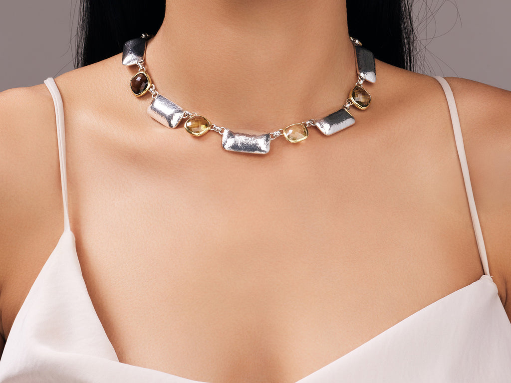 GURHAN, GURHAN Galapagos Sterling Silver Quartz All Around Short Necklace, Alternating Square and Rectangle Stations, Gold Accents