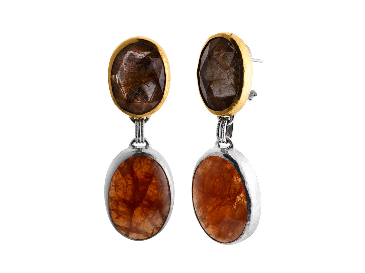 GURHAN, GURHAN Galapagos Sterling Silver Single Drop Earrings, Double Oval, Garnet and Quartz, Gold Accents