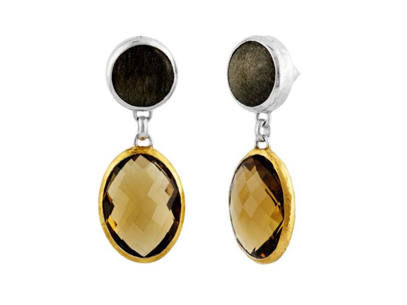 GURHAN, GURHAN Galapagos Sterling Silver Mixed Stone Single Drop Earrings, Round Top, Oval Drop, Gold Accents
