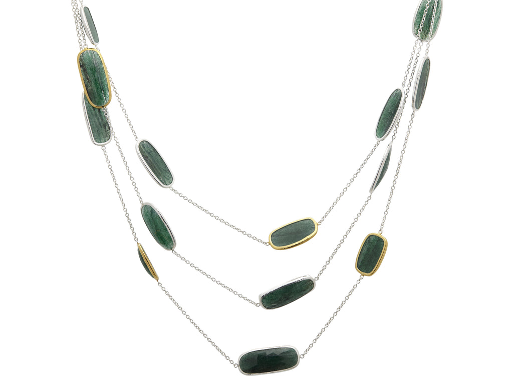 GURHAN, GURHAN Galapagos Sterling Silver Aventurine Station Long Necklace, Mixed Shapes on Light Chain, Gold Accents