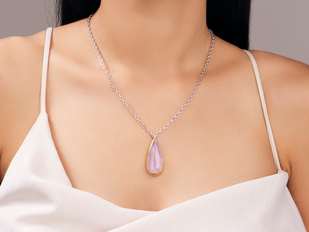 GURHAN, GURHAN Galapagos Sterling Silver Kunzite Pendant Necklace, 33x18mm Teardrop, Gold Accents