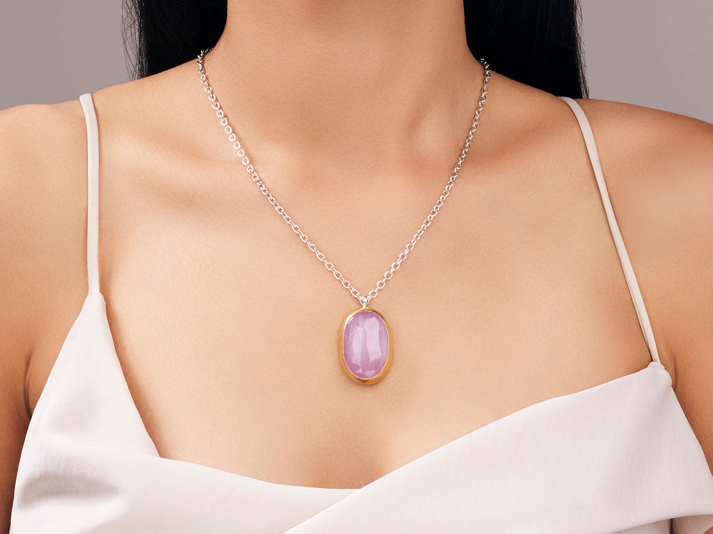 GURHAN, GURHAN Galapagos Sterling Silver Kunzite Pendant Necklace, 30x20mm Oval, Gold Accents