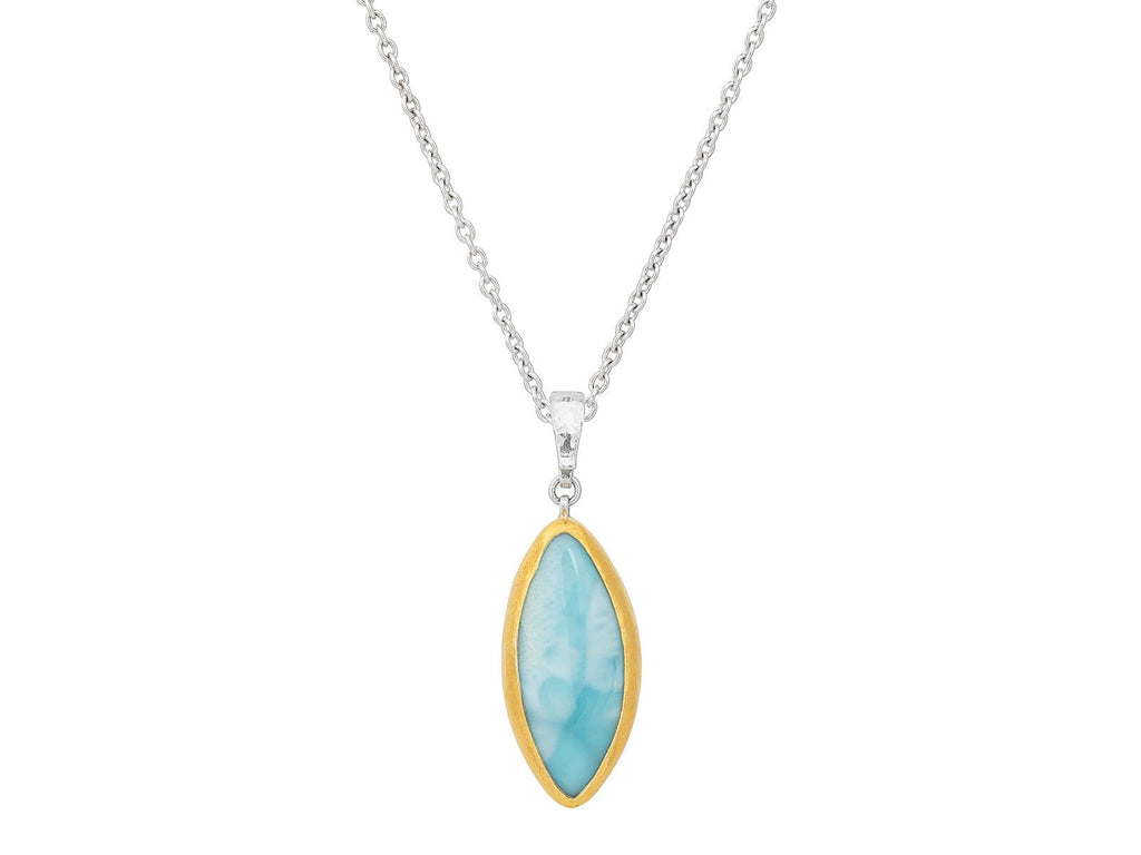 GURHAN, GURHAN Galapagos Sterling Silver Larimar Pendant Necklace, 28x14mm Marquise, Gold Accents