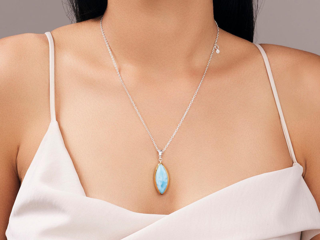 GURHAN, GURHAN Galapagos Sterling Silver Larimar Pendant Necklace, 28x14mm Marquise, Gold Accents