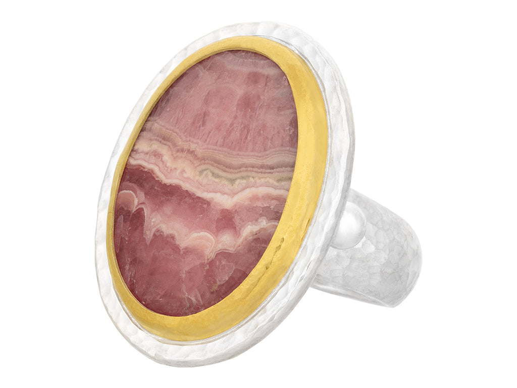 GURHAN, GURHAN Galapagos Sterling Silver Rhodochrosite Cocktail Ring, 25x18mm Oval, Gold Accents