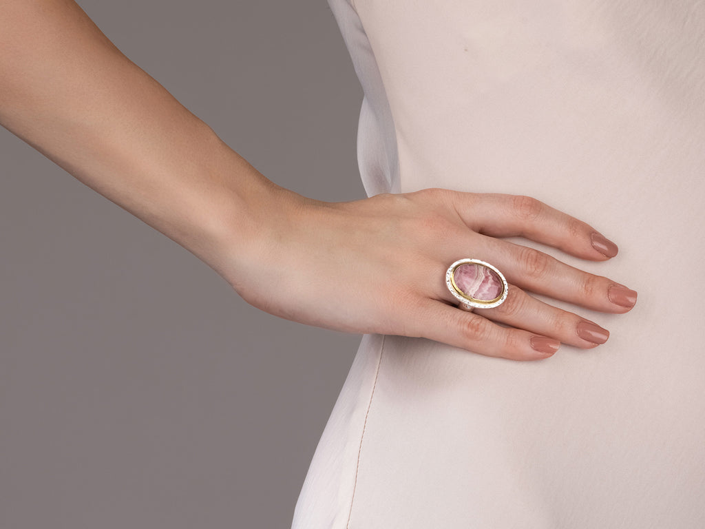 GURHAN, GURHAN Galapagos Sterling Silver Rhodochrosite Cocktail Ring, 25x18mm Oval, Gold Accents