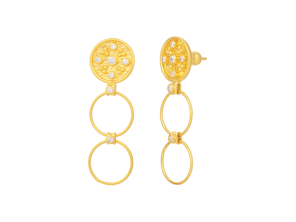 GURHAN, GURHAN Geo Gold Diamond Double Drop Earrings, Medallion Post Top, Hanging Links