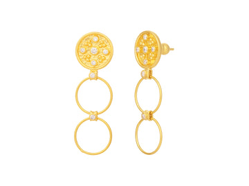 GURHAN, GURHAN Geo Gold Diamond Double Drop Earrings, Medallion Post Top, Hanging Links