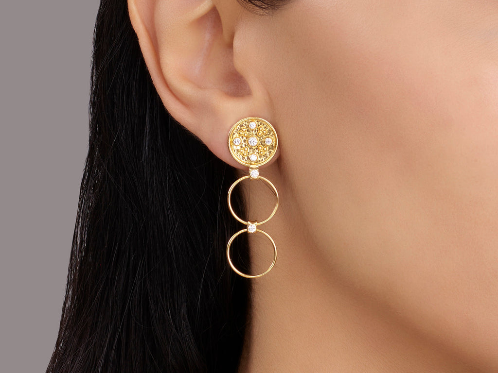 GURHAN, GURHAN Geo Gold Diamond Double Drop Earrings, Medallion Post Top, Hanging Links