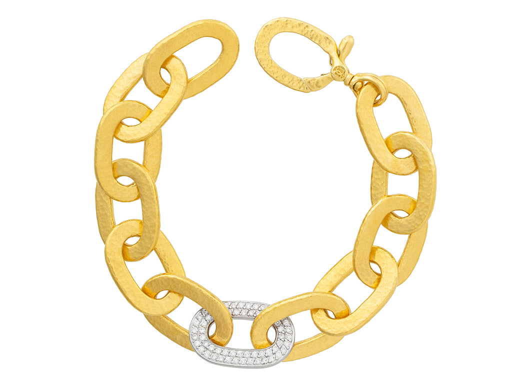 GURHAN, GURHAN Hoopla Gold Chain Link Bracelet, 21x14mm Flat Oval with Pave Link, Diamond Pave