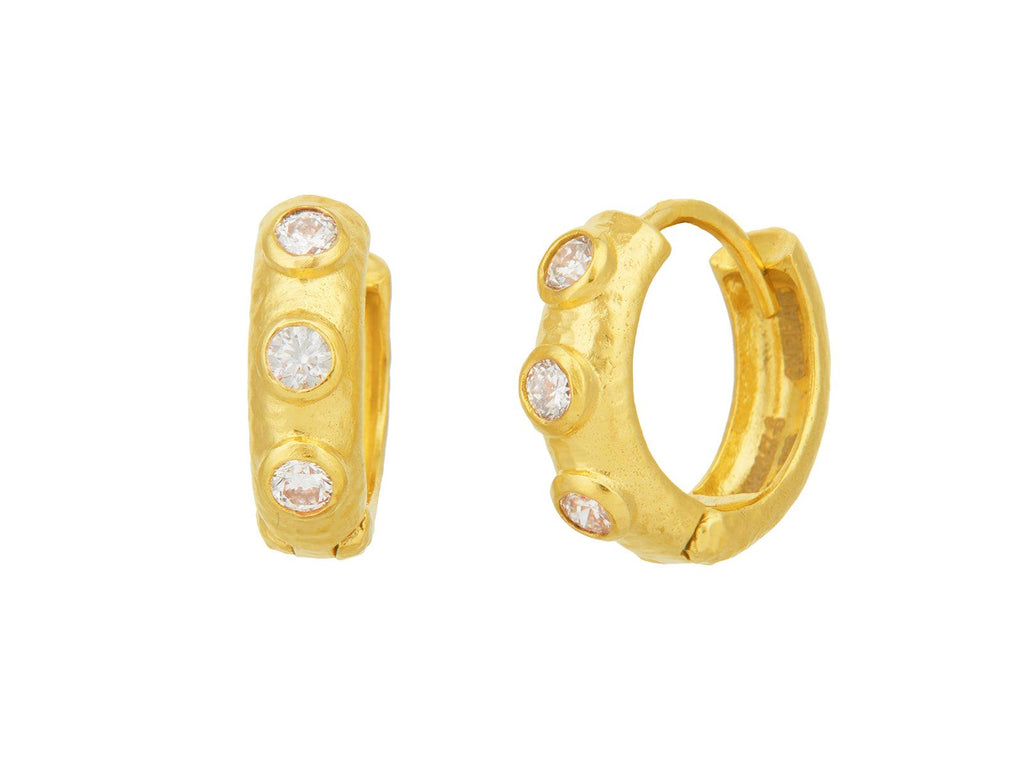 GURHAN, GURHAN Hoopla Gold Diamond Huggie Hoop Earrings, Triple Stone Round Hinged