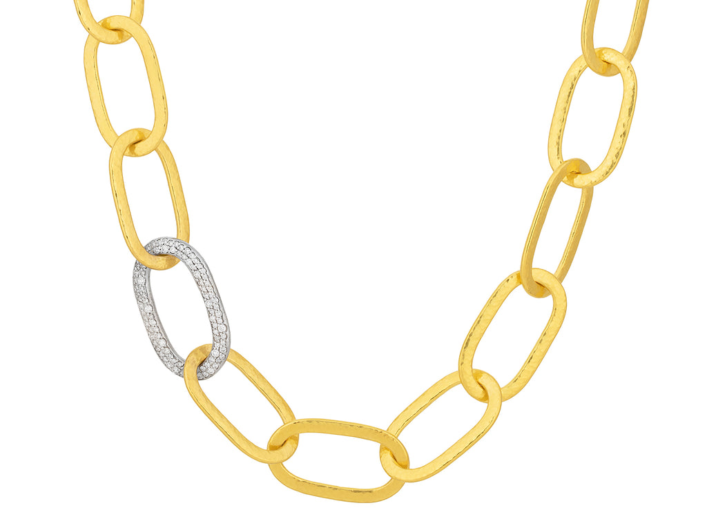 GURHAN, GURHAN Hoopla Gold Diamond Link Short Necklace, 25x12mm Flat Oval, Single Pave Link