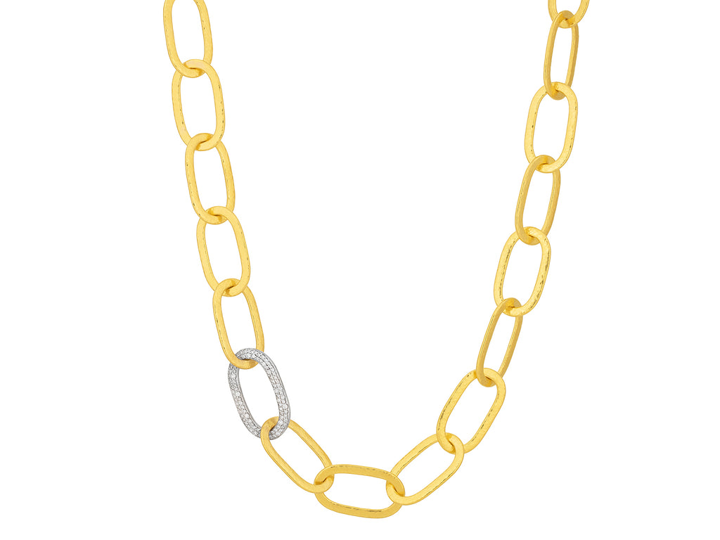 GURHAN, GURHAN Hoopla Gold Diamond Link Short Necklace, 25x12mm Flat Oval, Single Pave Link