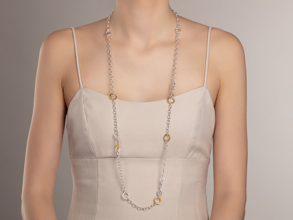 GURHAN, GURHAN Hoopla Sterling Silver Link Long Necklace, Mixed Round Chain, Gold Accents