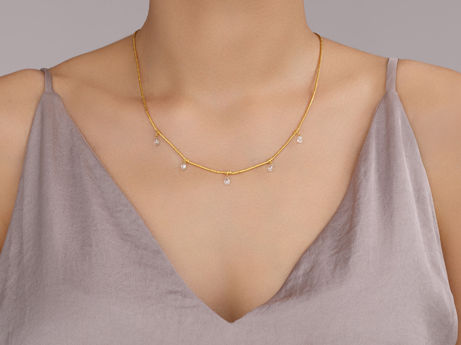 GURHAN Dew Gold Diamond Short Necklace, Thin Gold Tubes with
