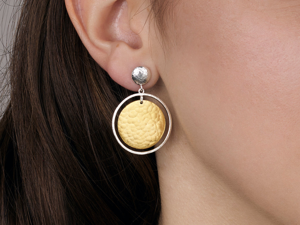 GURHAN, GURHAN Lush Sterling Silver Single Drop Earrings, 25mm Round Flake on Post Top, Gold Accents