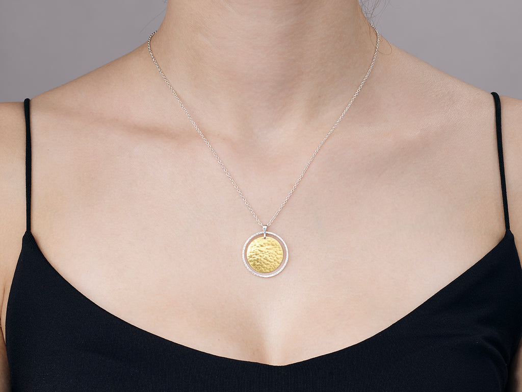 GURHAN, GURHAN Lush Sterling Silver Pendant Necklace, 25mm Round Flake, Gold Accents