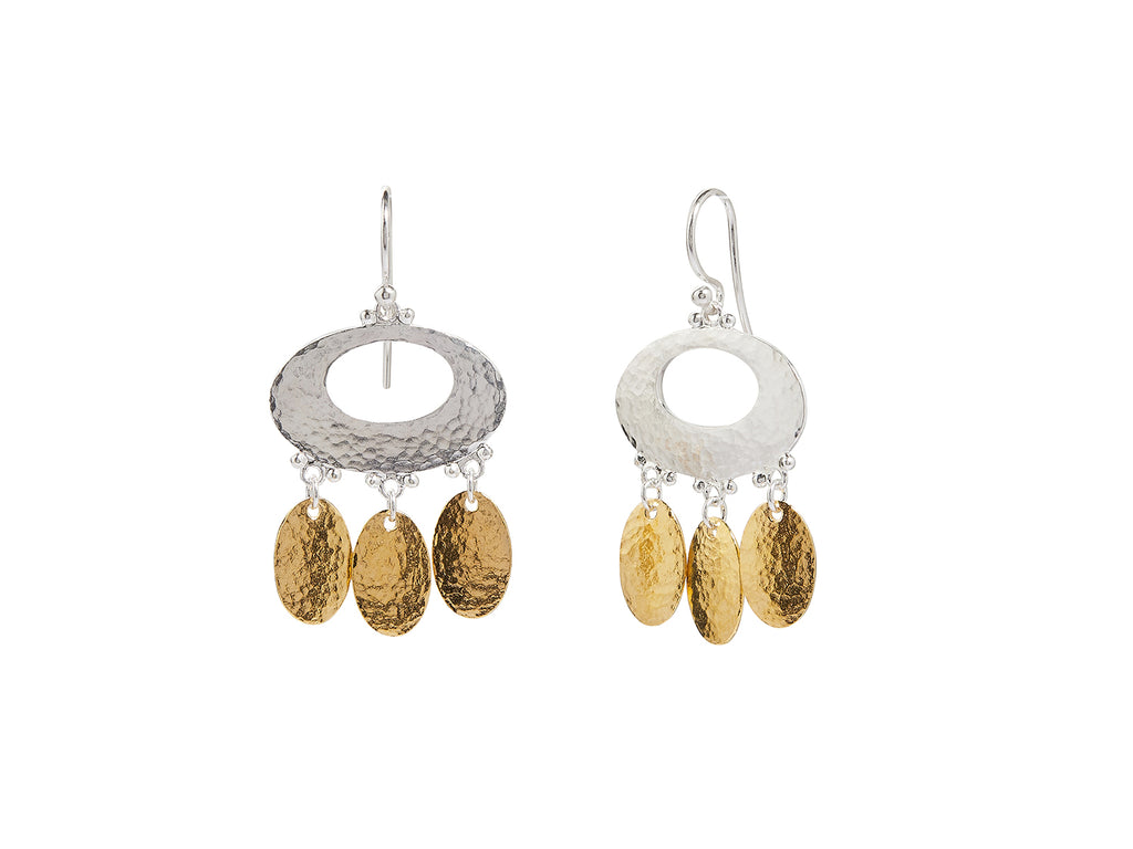 GURHAN, GURHAN Mango Sterling Silver Chandelier Drop Earrings, 3 Dangling Oval Flakes, Wire Hook, Gold Accents