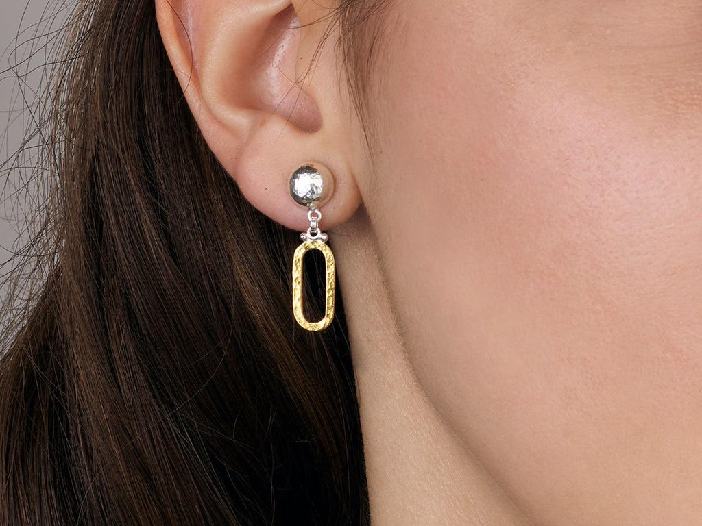 GURHAN, GURHAN Mango Sterling Silver Single Drop Earrings, Flat Oval on Round Post Top, Gold Accents
