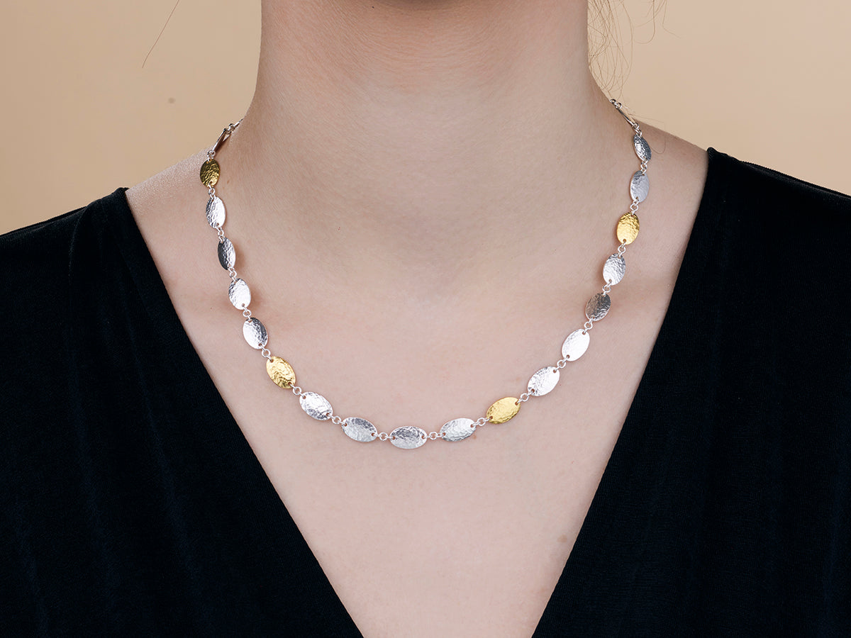 GURHAN, GURHAN Mango Sterling Silver Single Strand Short Necklace, 12x7mm Oval Flakes, No Stone, Gold Accents