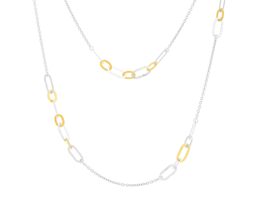 GURHAN, GURHAN Mango Sterling Silver Station Long Necklace, Flat Oval Links, Gold Accents