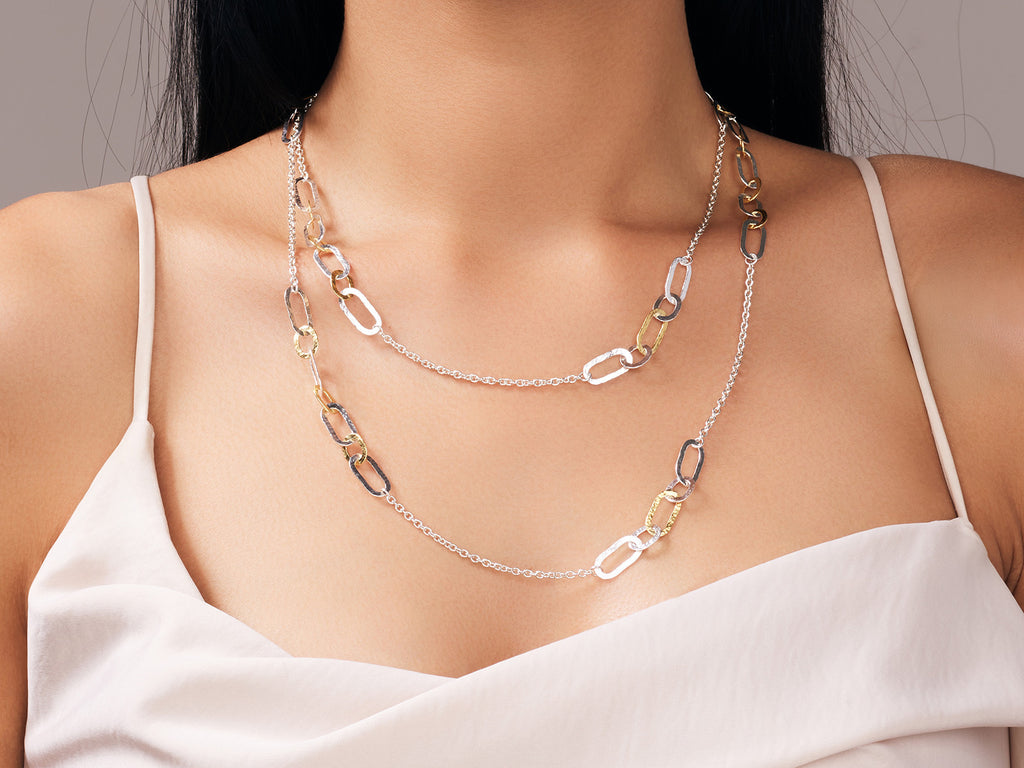 GURHAN, GURHAN Mango Sterling Silver Station Long Necklace, Flat Oval Links, Gold Accents