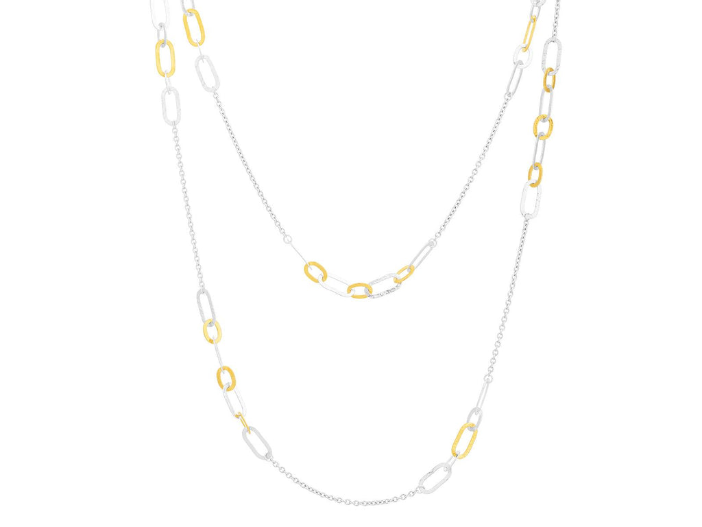 GURHAN, GURHAN Mango Sterling Silver Station Long Necklace, Flat Oval Links, Gold Accents