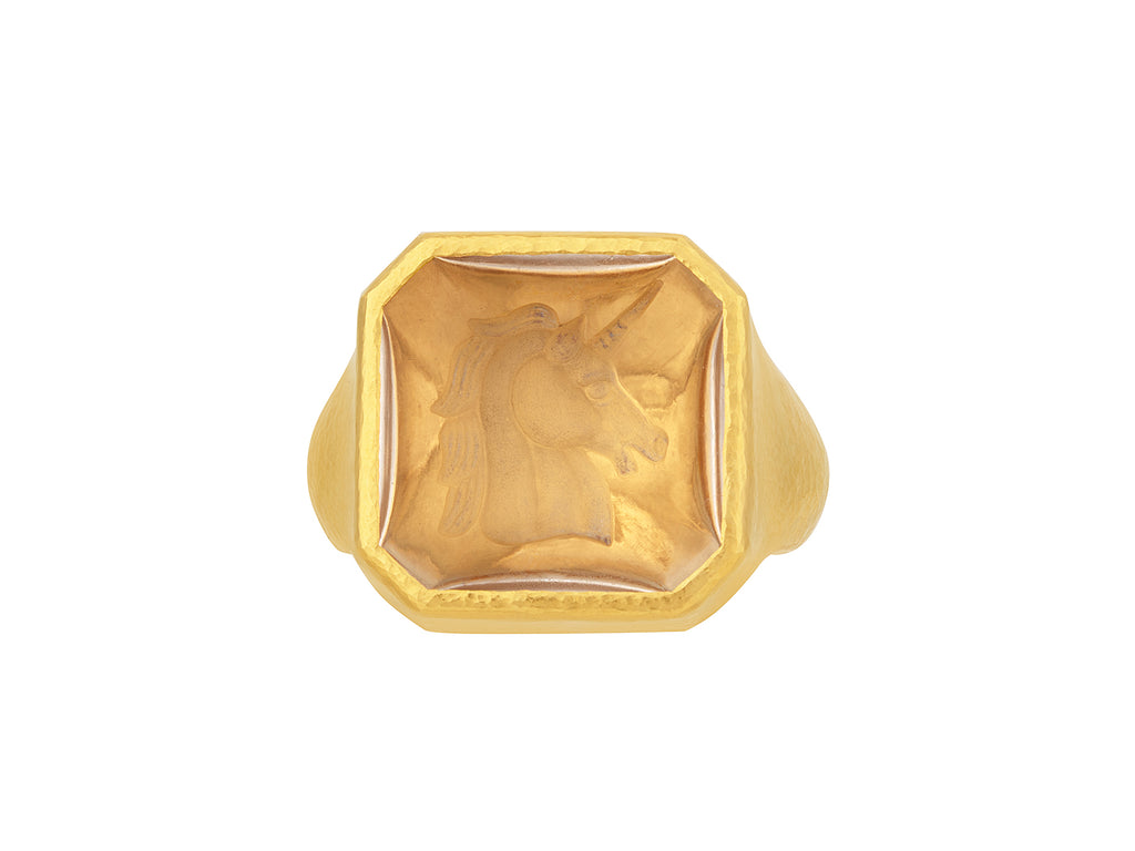 GURHAN, GURHAN Mens Gold Crystal Intaglio Cocktail Ring, 18mm Rectangle, Unicorn