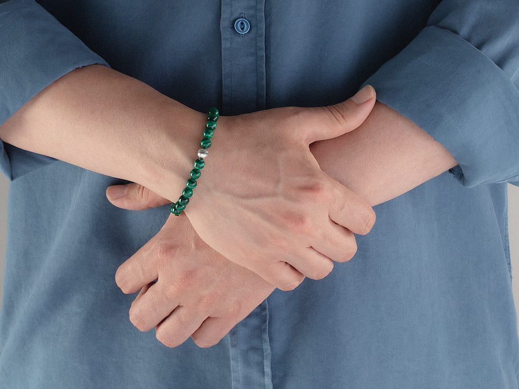 GURHAN, GURHAN Mens Sterling Silver Malachite Beaded Single-Strand Bracelet, 8mm Beads, Adjustable Cord