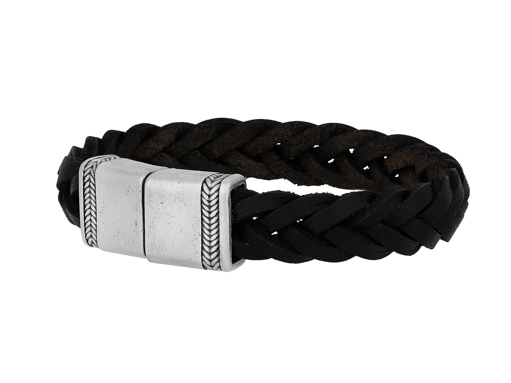 GURHAN, GURHAN Mens Sterling Silver Leather Single-Strand Bracelet, Braided Black Cord, Chevron Clasp