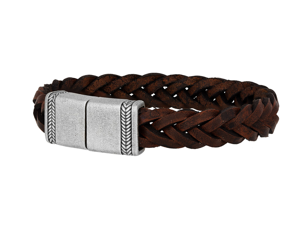 GURHAN, GURHAN Mens Sterling Silver Leather Single-Strand Bracelet, Braided Brown Cord, Chevron Clasp